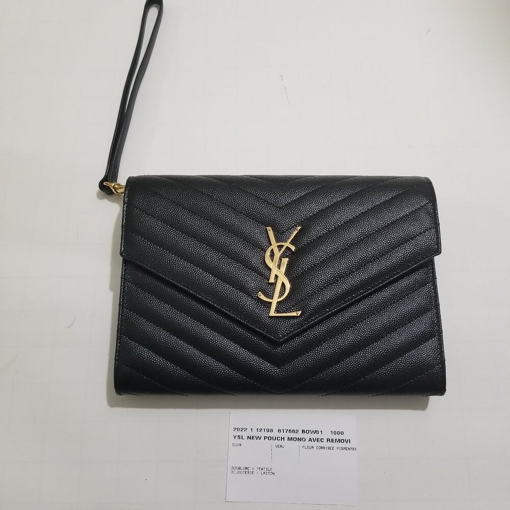 Saint Laurent Brand pouch purse in black with gold label